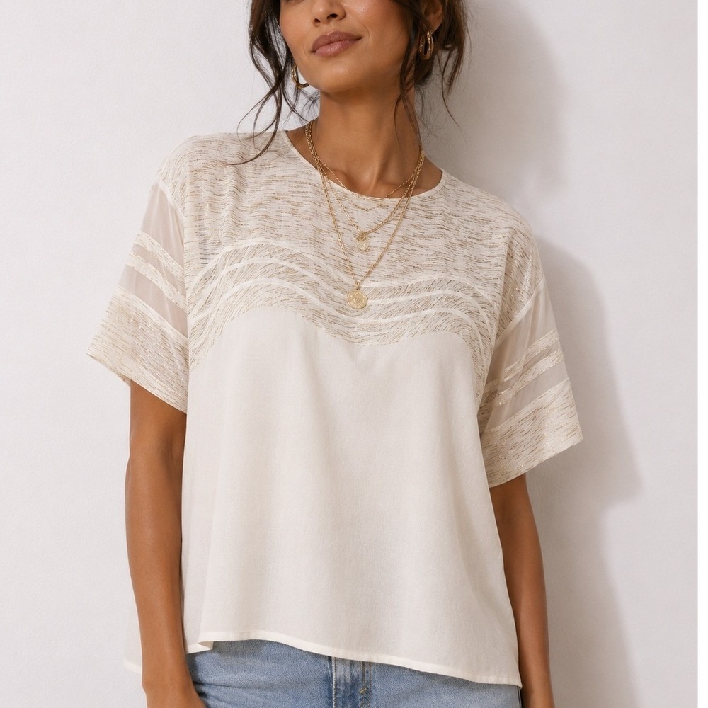 Anthropologie See U Soon White Gold Metallic Textured‎ Short Sleeve Blouse Small